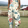 Women's Artistic Creative Butterfly Flowers Print Casual 100% Cotton Wide Leg Jumpsuit