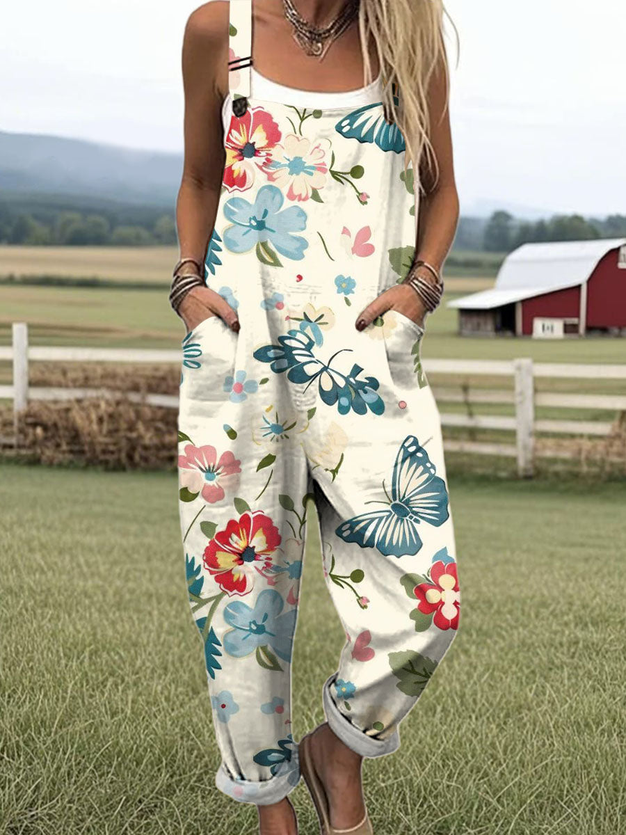 Women's Artistic Creative Butterfly Flowers Print Casual 100% Cotton Wide Leg Jumpsuit