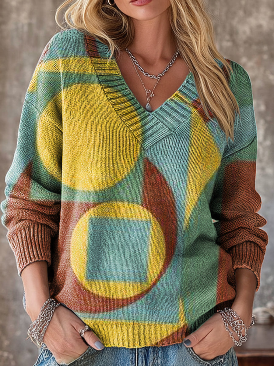 Vintage Abstract Geometric Painting Art Print Knit V-neck Pullover Sweater