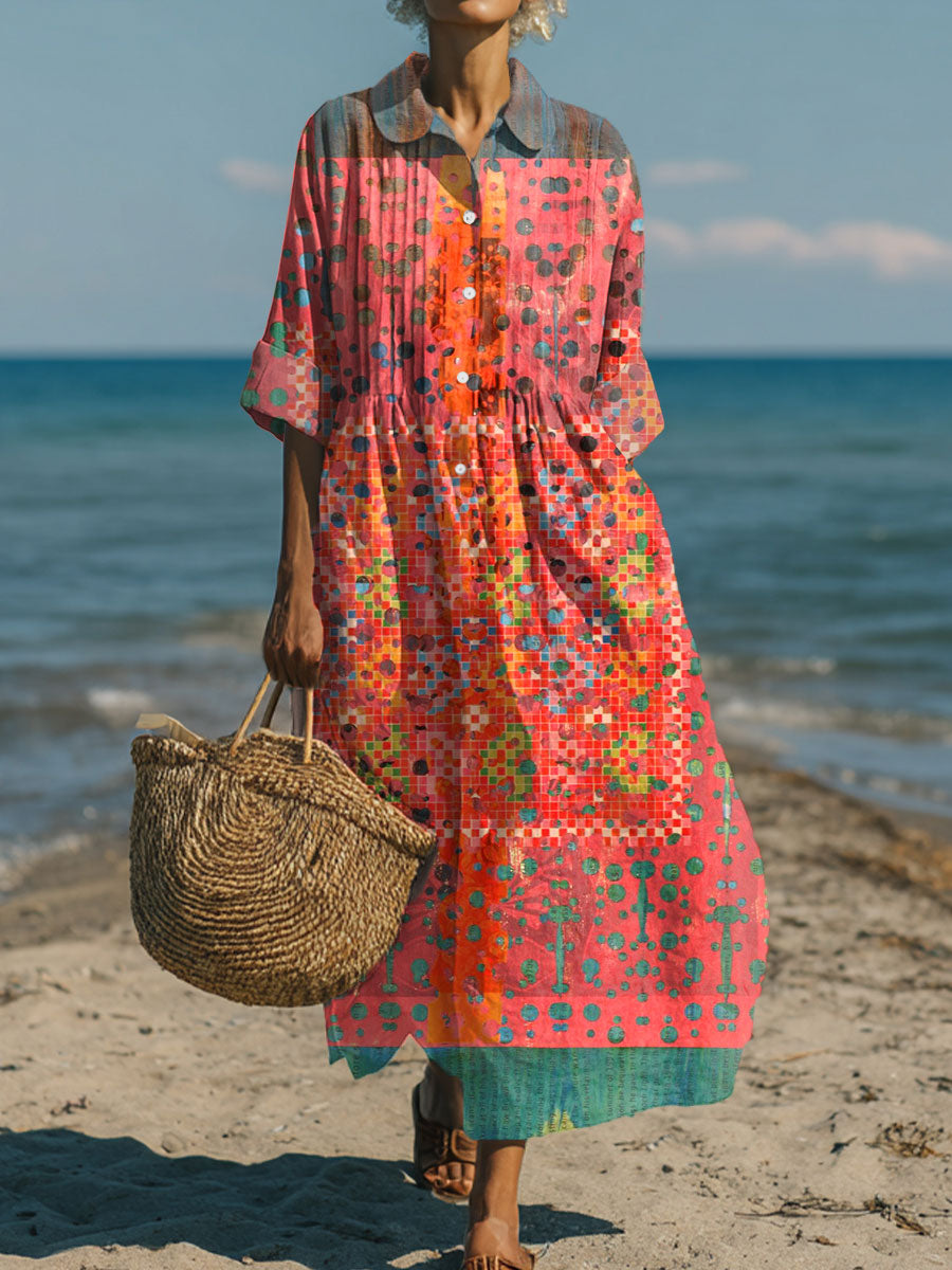 Women's Vintage Flower Art Print Pleated Casual Dress