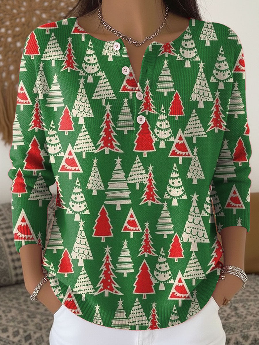 Women's Christmas Tree Art Print Buttoned Cardigan Sweater