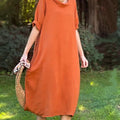 Women's Solid Color Lapel Short Sleeve Casual Cotton and Linen Dress