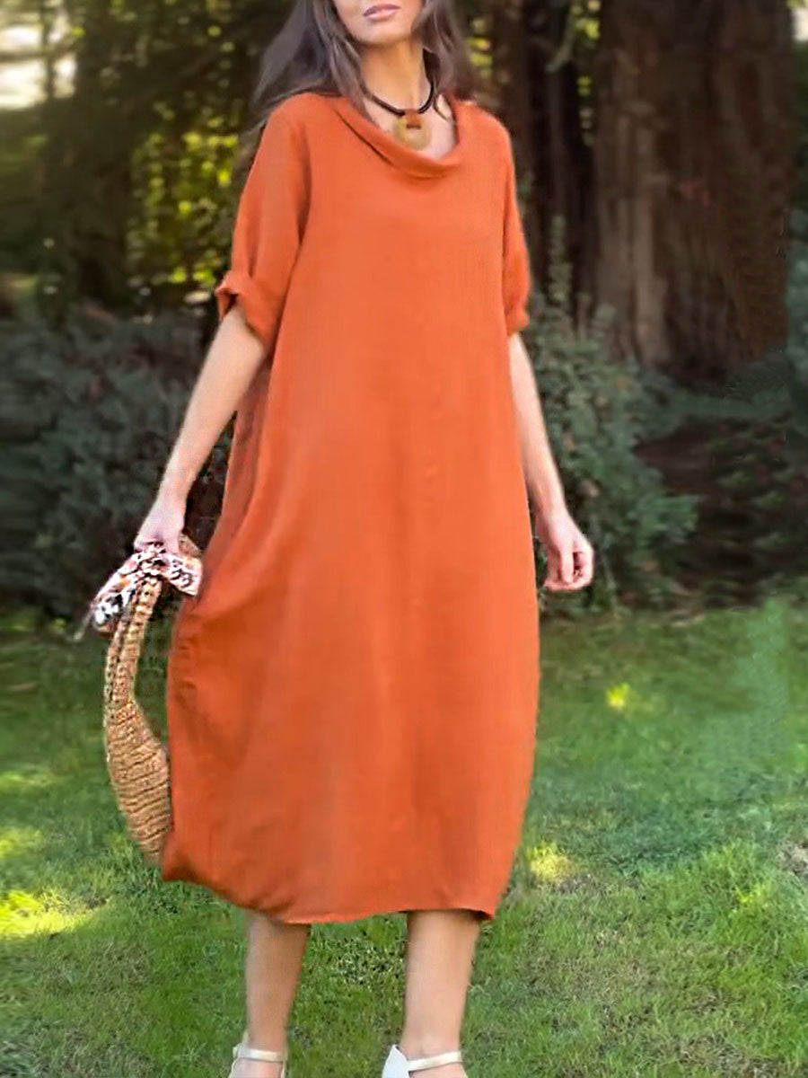 Women's Solid Color Lapel Short Sleeve Casual Cotton and Linen Dress