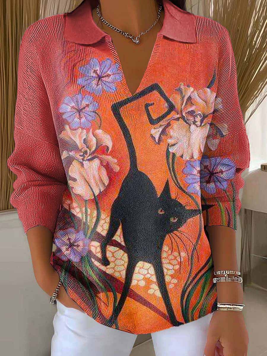 womens-lovely-cat-floral-art-printed-casual-sweater