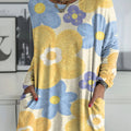 Women's Colorful Mixed Size Flowers Print Casual V-neck Long Sleeve T-shirt