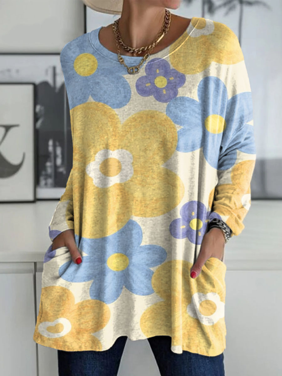 Women's Colorful Mixed Size Flowers Print Casual V-neck Long Sleeve T-shirt