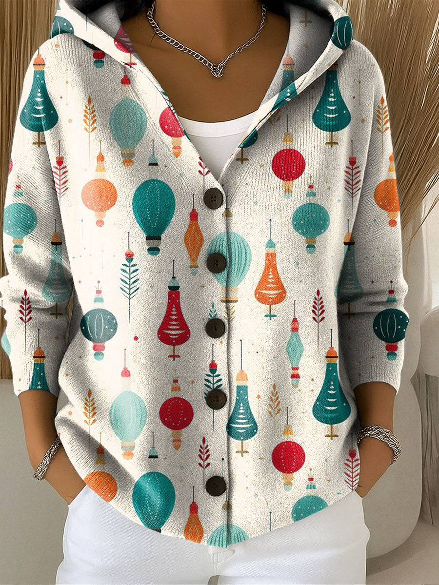 Women's Vintage Christmas Lights Pattern Printed Casual Hooded Button Sweater