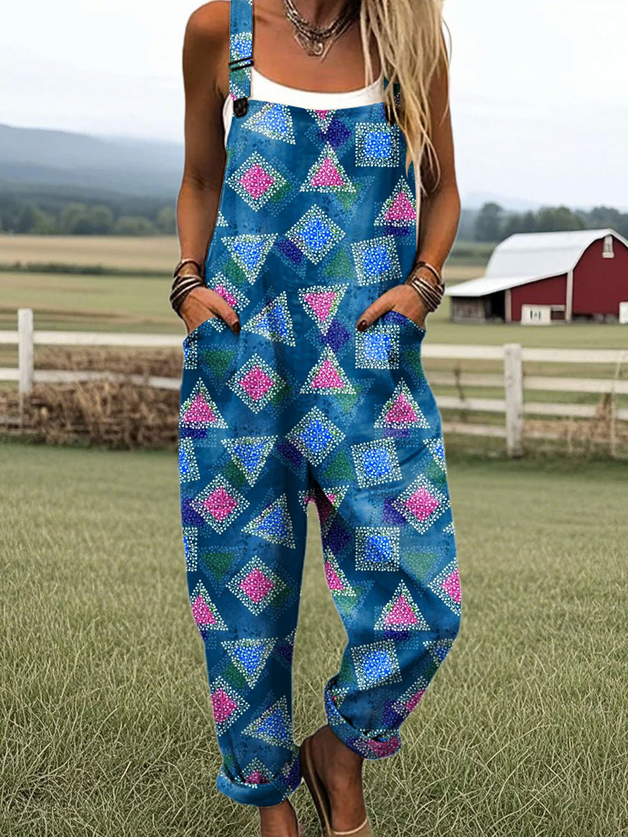 Women's Retro Geometric Triangle Pattern Art Print Casual 100% Cotton Wide Leg Jumpsuit