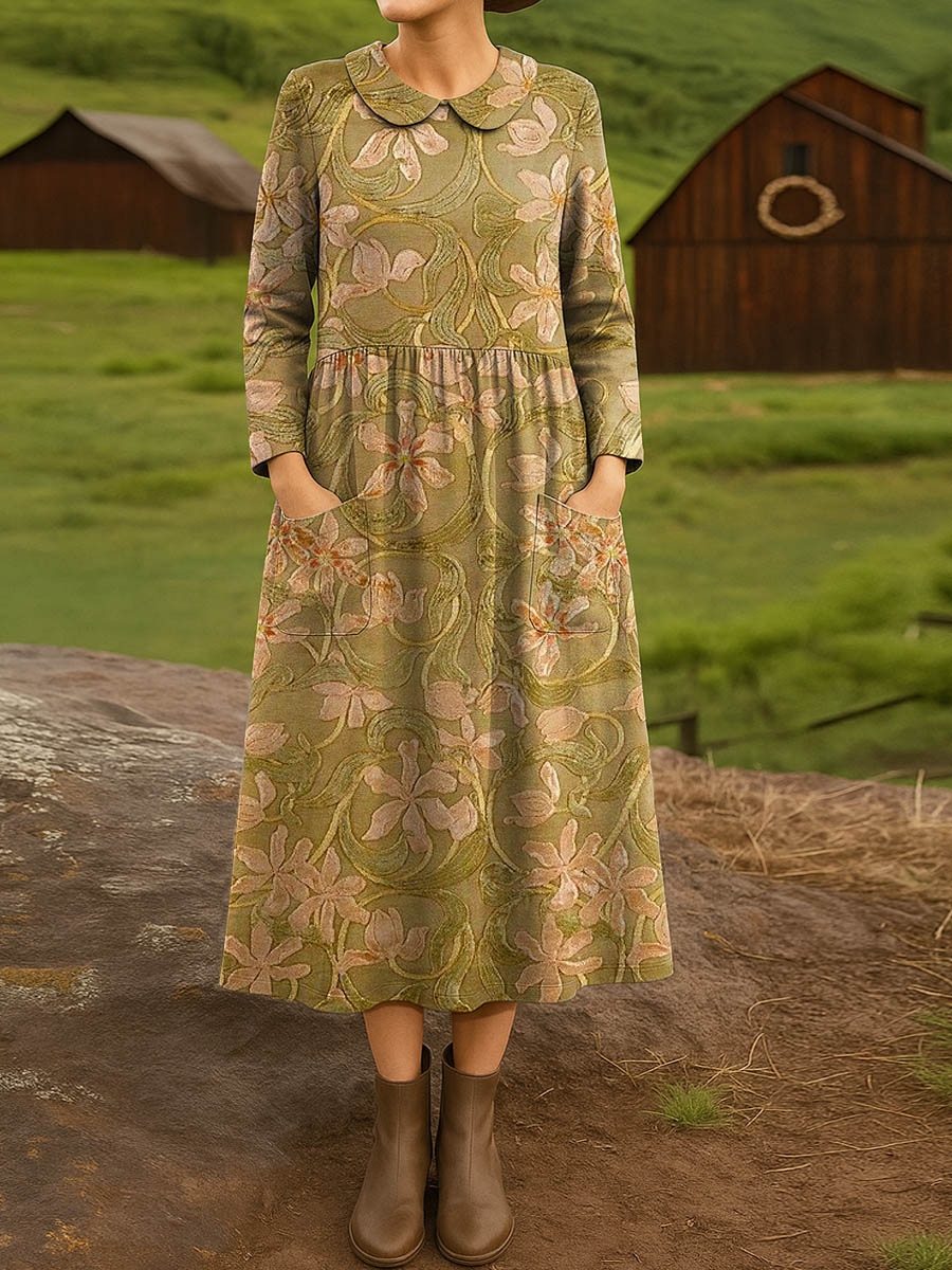 Women's Vintage Floral Pattern Art Print Cotton Lapel Shirt Dress