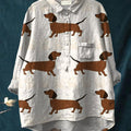 Women's Dachshund Print Casual Cotton And Linen Shirt