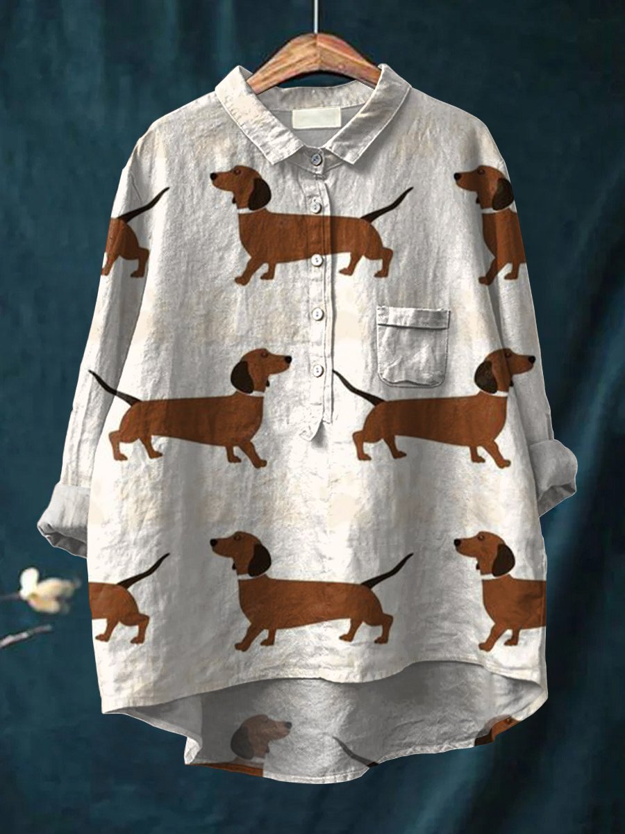 Women's Dachshund Print Casual Cotton And Linen Shirt
