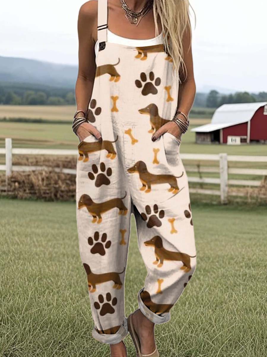 Women's Lovely Dogs Art Print Casual 100% Cotton Wide Leg Jumpsuit