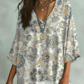 Women's Vintage Flower Art Print V-neck Loose Shirt