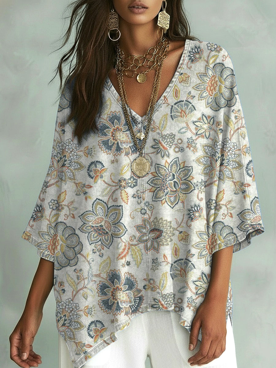 Women's Vintage Flower Art Print V-neck Loose Shirt