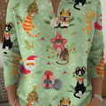 Women's Vintage Christmas Cat Print Henley Neck Sweater Top