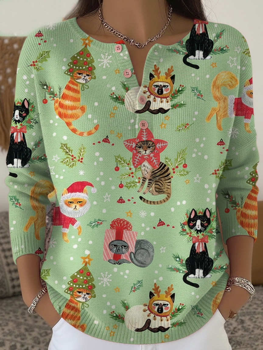 Women's Vintage Christmas Cat Print Henley Neck Sweater Top