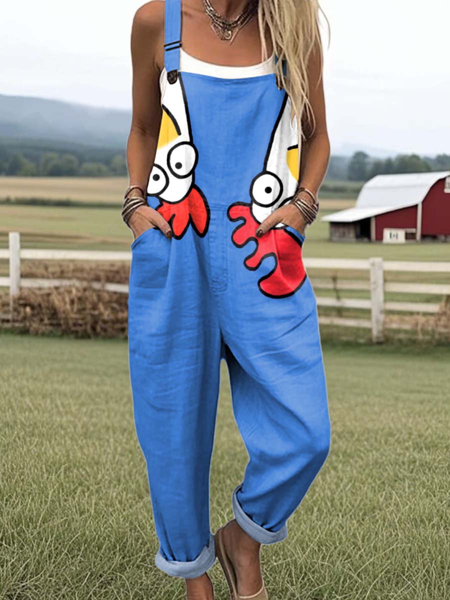 Women's Funny Chicken Pattern Art Print Casual 100% Cotton Wide Leg Jumpsuit