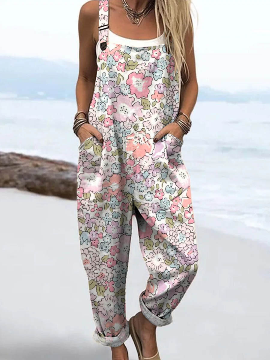 Women's Lovely Floral Art Print Casual 100% Cotton Wide Leg Jumpsuit