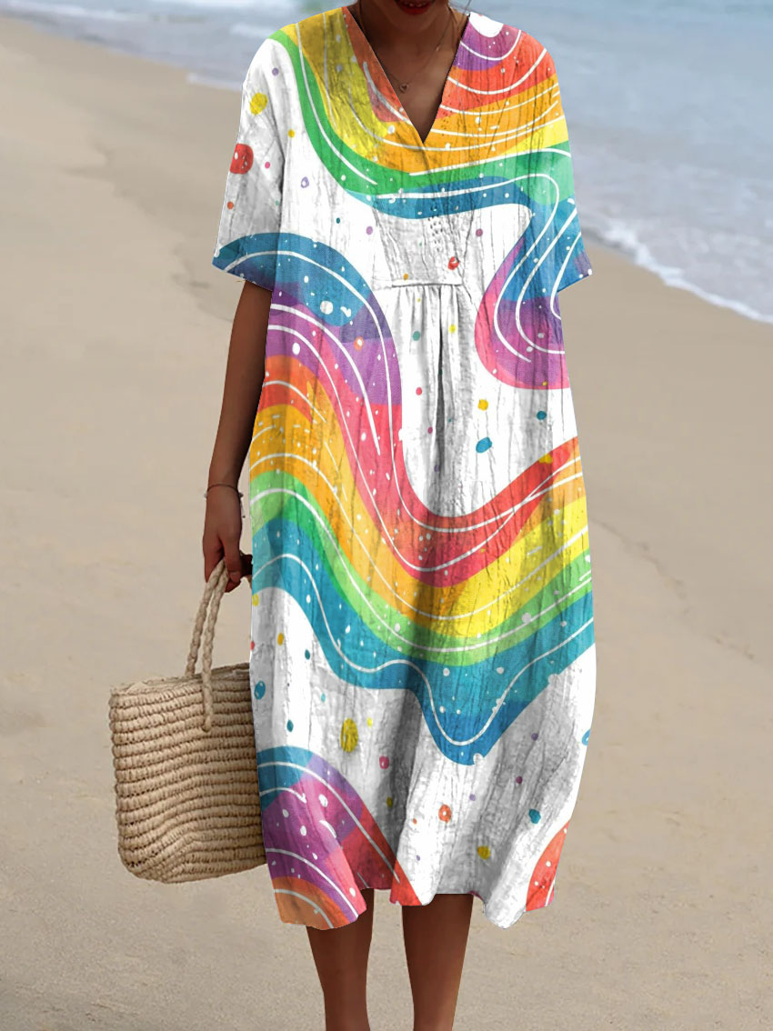 Women's Rainbow Lines And Dots Print Art Print Flowy Dress