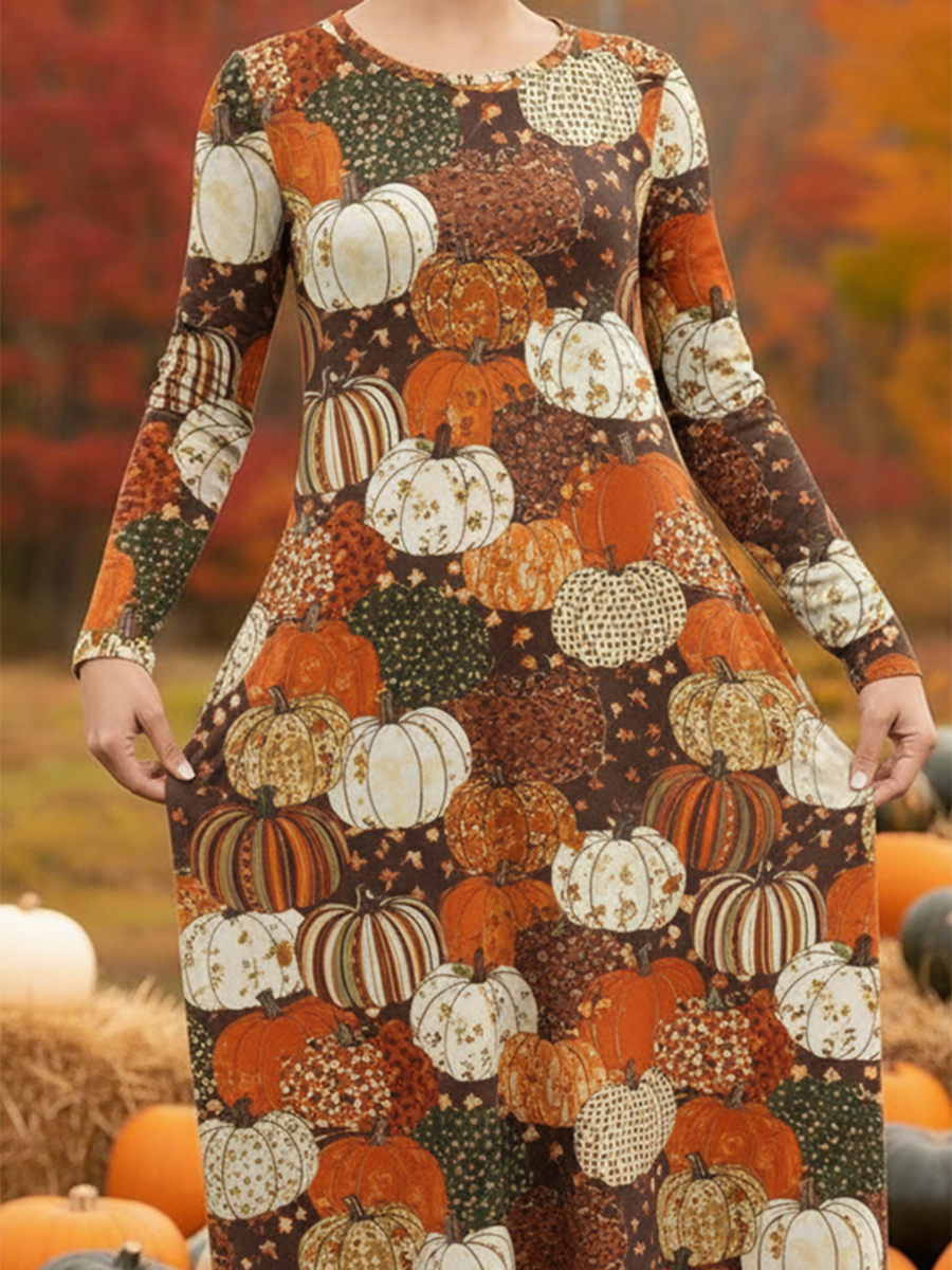 Women's Cute Pumpkin Patchwork Print Stretch Dress
