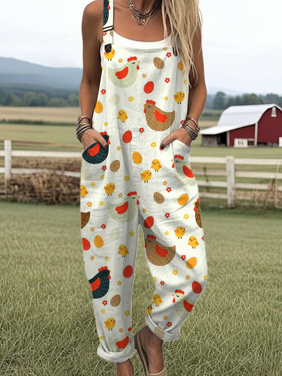 Women's  Funny Chicken Art Print Casual 100% Cotton Wide Leg Jumpsuit