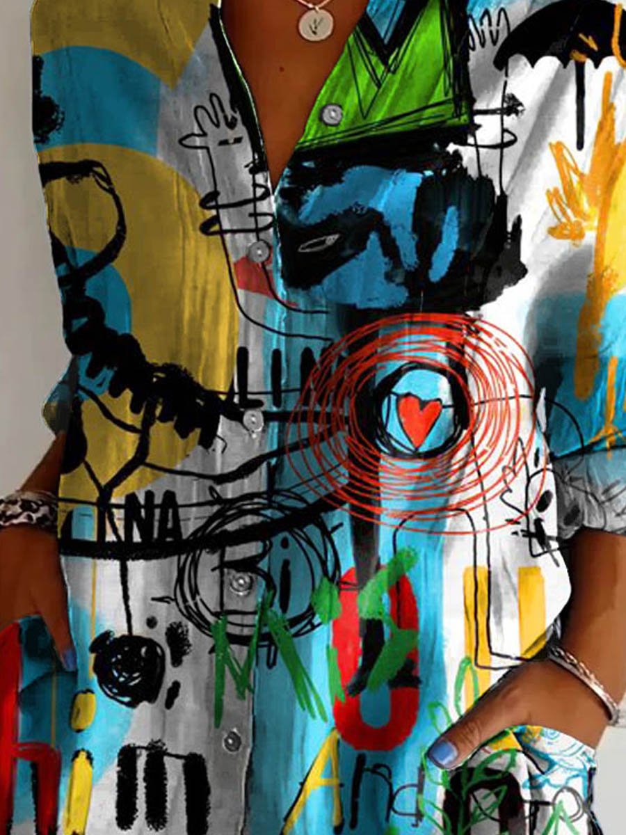 Women's Vintage Abstract Pattern Art Print Casual Cotton Shirt