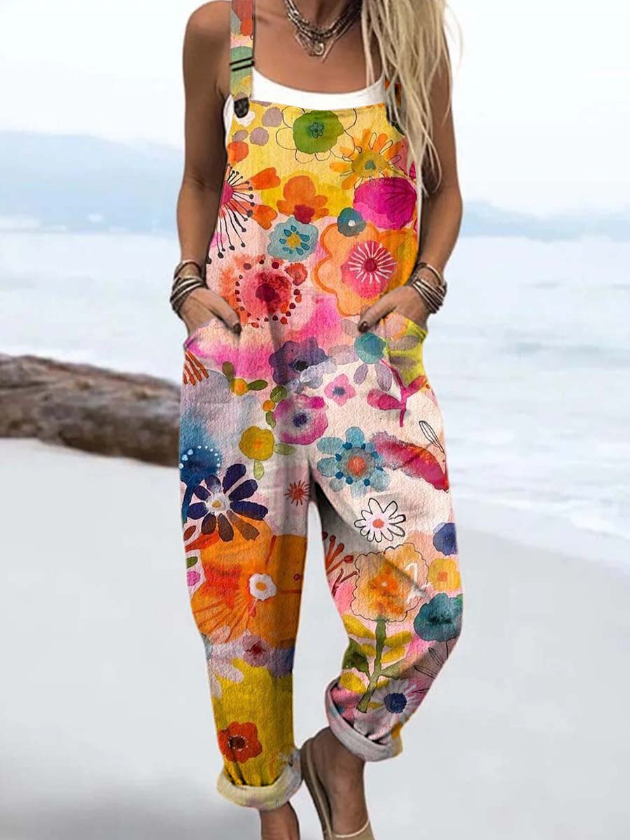 Women's Vintage Watercolor Art Flower Print Casual 100% Cotton Wide Leg Jumpsuit