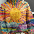 Women's Lovely Sun Floral Patchwork Art Print Knit Turtleneck Pullover Sweater