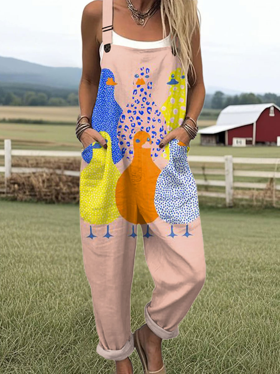 Women's  Funny Chick Art Print Casual 100% Cotton Wide Leg Jumpsuit