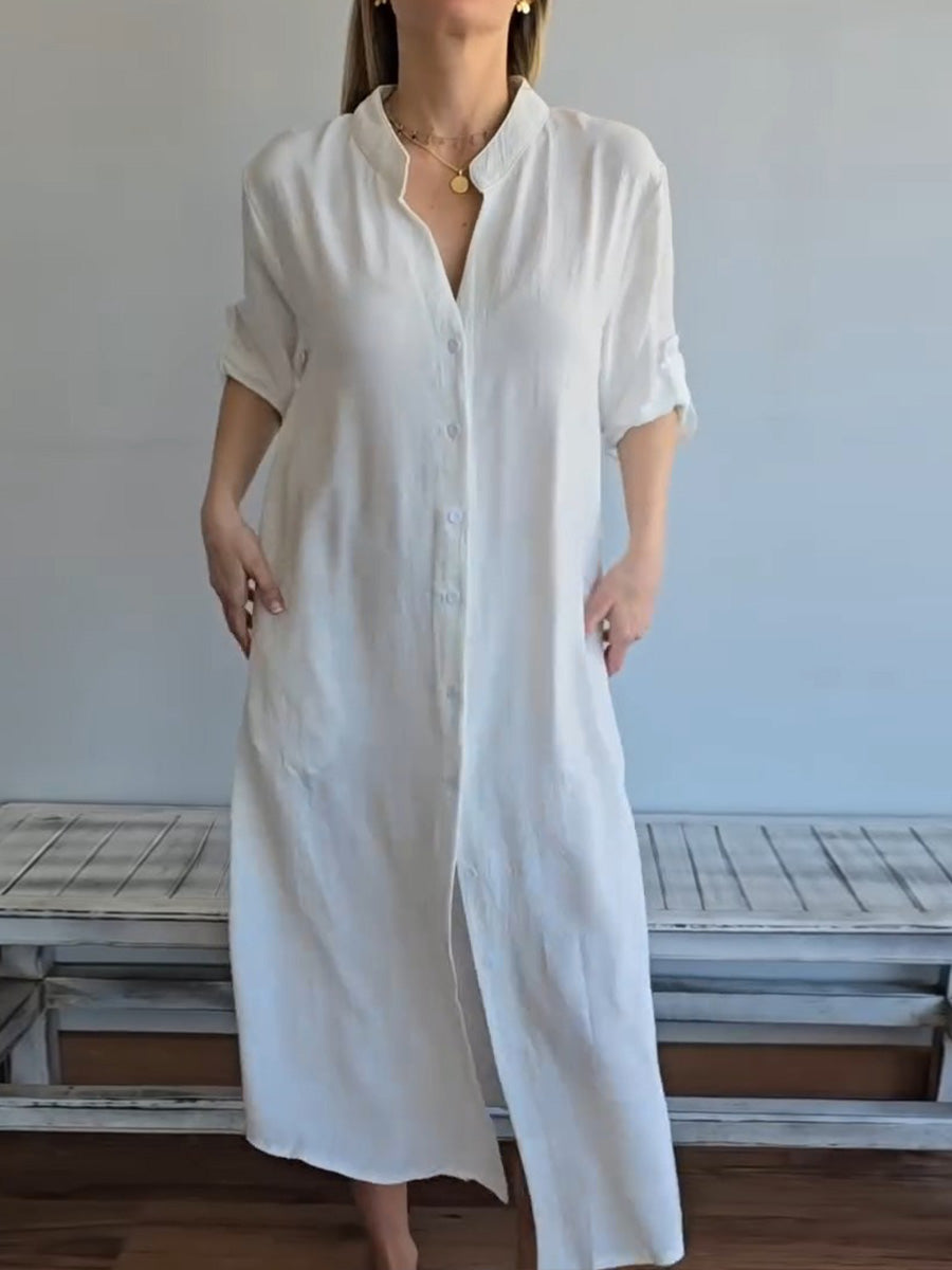 Women's Solid Color V-Neck Long Sleeve Shirt Dress