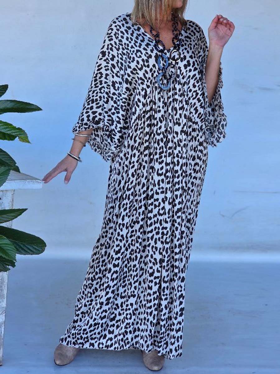 Women's Leopard Print V-Neck Long Sleeve Casual Cotton Dress