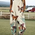 Women's Vintage Butterfly Art Print Casual 100% Cotton Wide Leg Jumpsuit