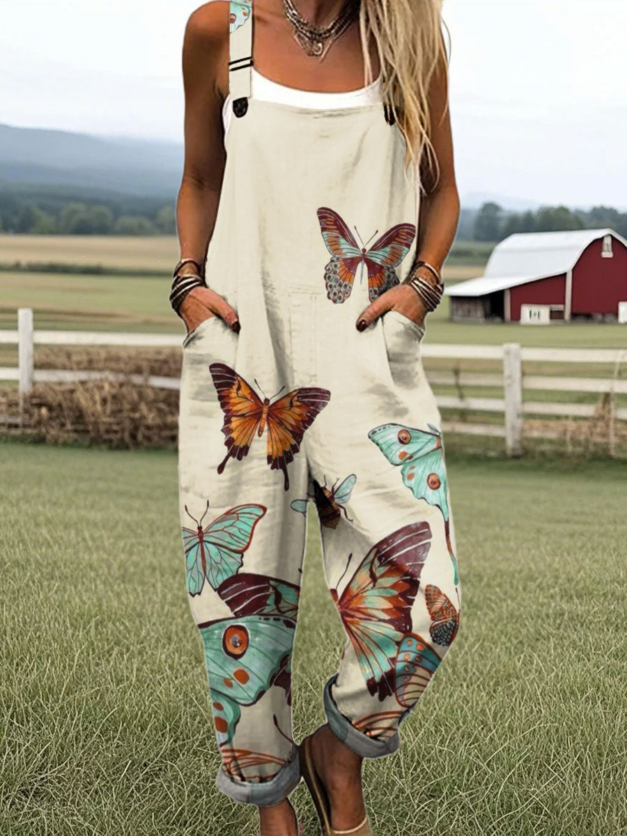 Women's Vintage Butterfly Art Print Casual 100% Cotton Wide Leg Jumpsuit