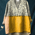 Women's Yellow Color-blocked Dots Print Casual Cotton And Linen V-neck Shirt