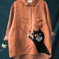 Women's Funny Black Cat Art Print Casual Cotton And Linen Shirt