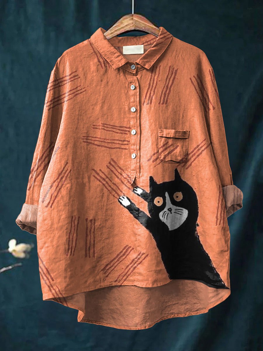 Women's Funny Black Cat Art Print Casual Cotton And Linen Shirt