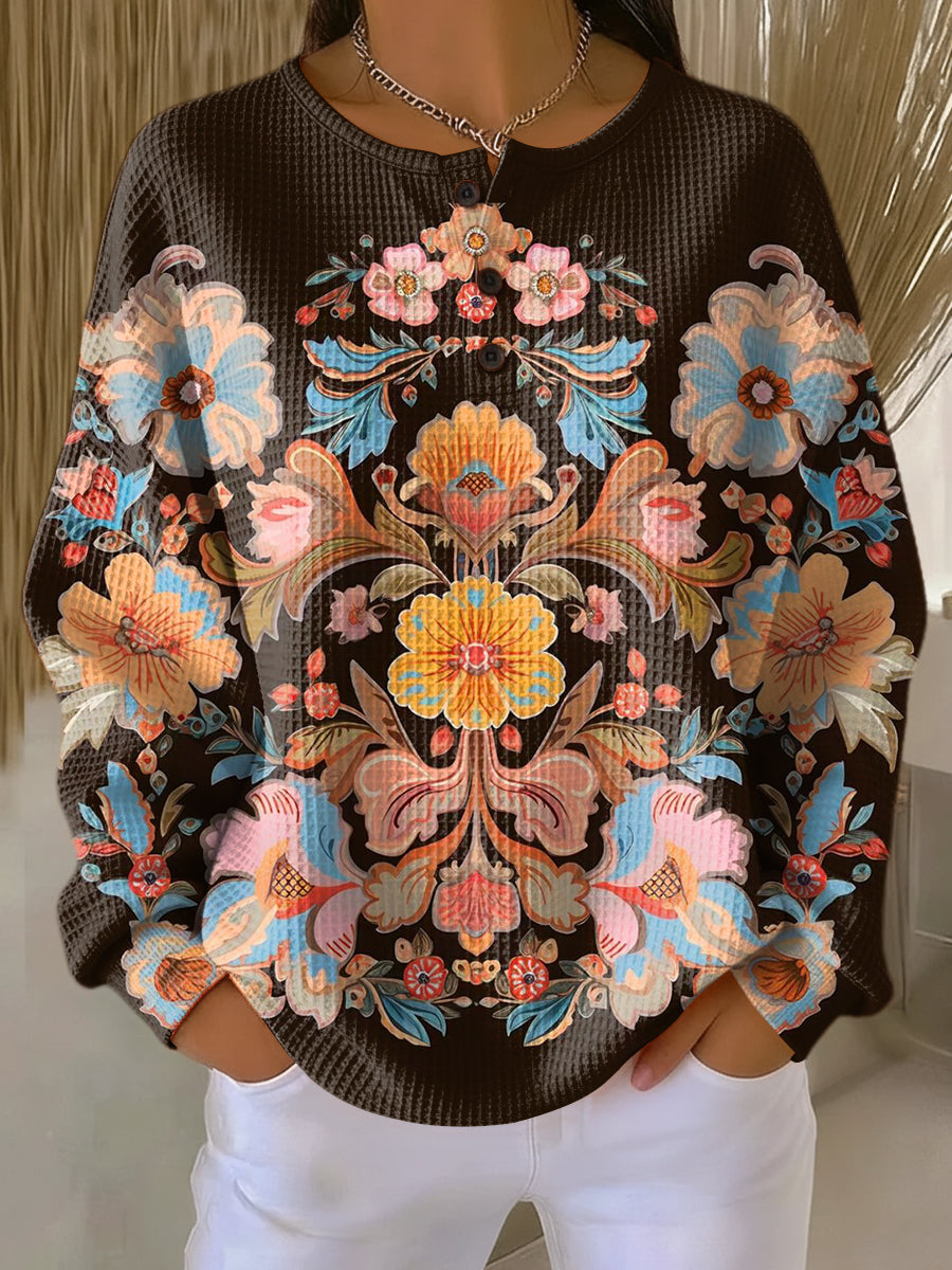 Women's Beautiful Colorful Ethnic Floral Art Print Casual Cotton Sweatshirt