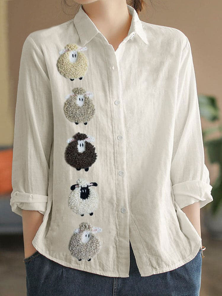 Colorful Sheep Fleece Linen Blend Blouse