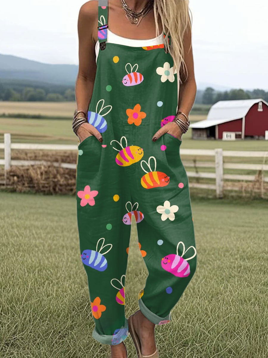 Women's  Funny Flower Bee  Art Print Casual 100% Cotton Wide Leg Jumpsuit