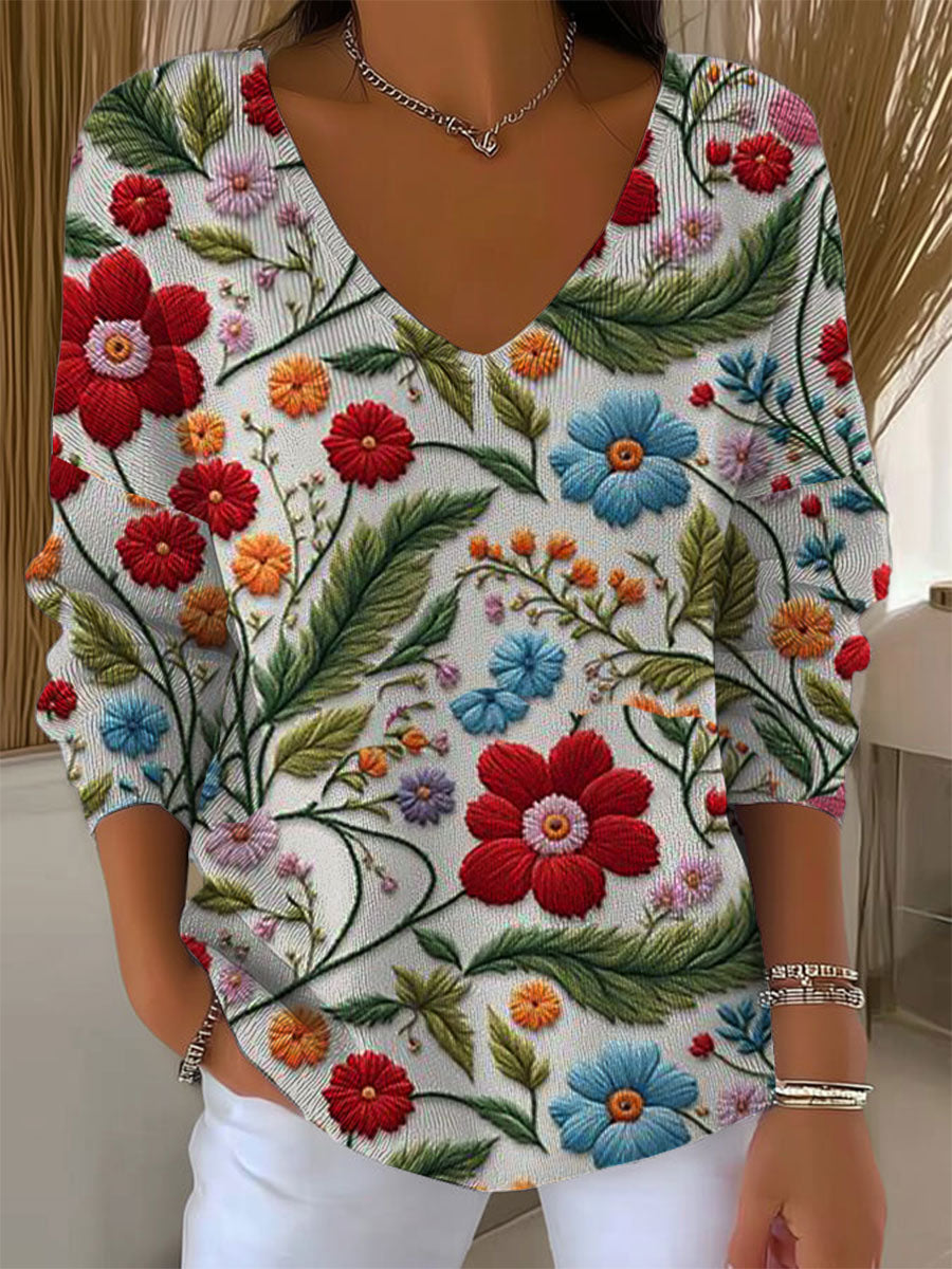 Women's Vintage Floral Art Print Casual Pullover Sweater