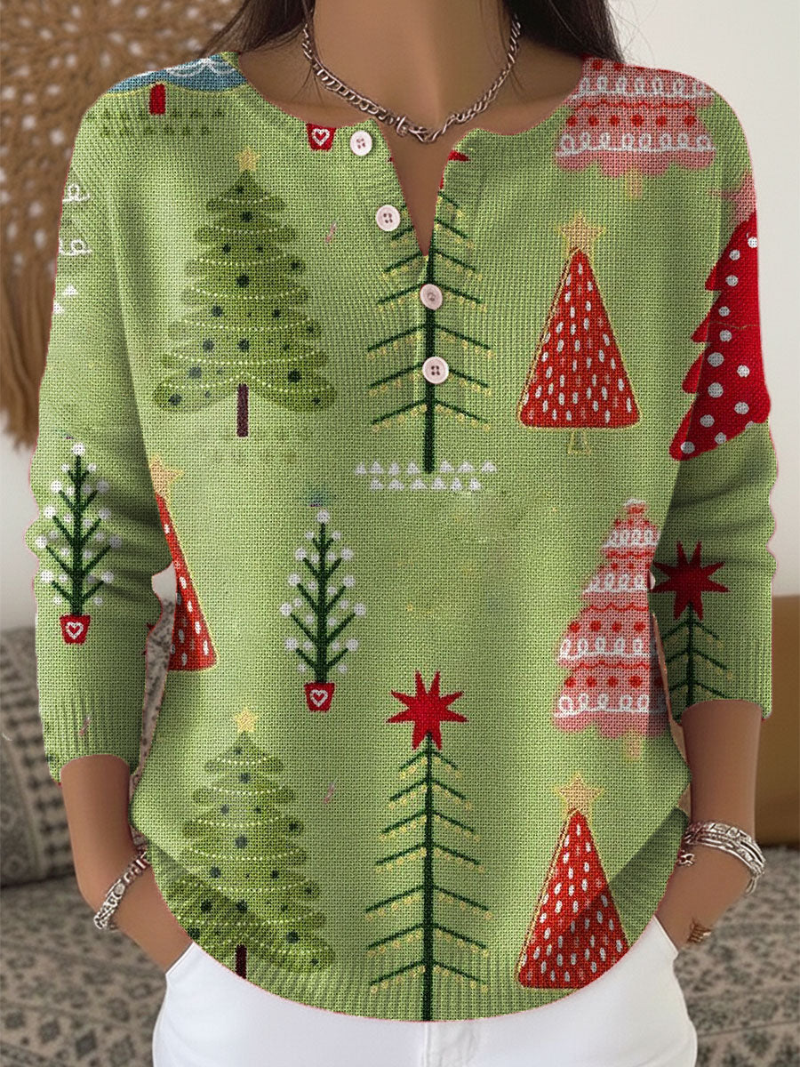 Vintage  Christmas Art Print Buttoned Cardigan Sweater