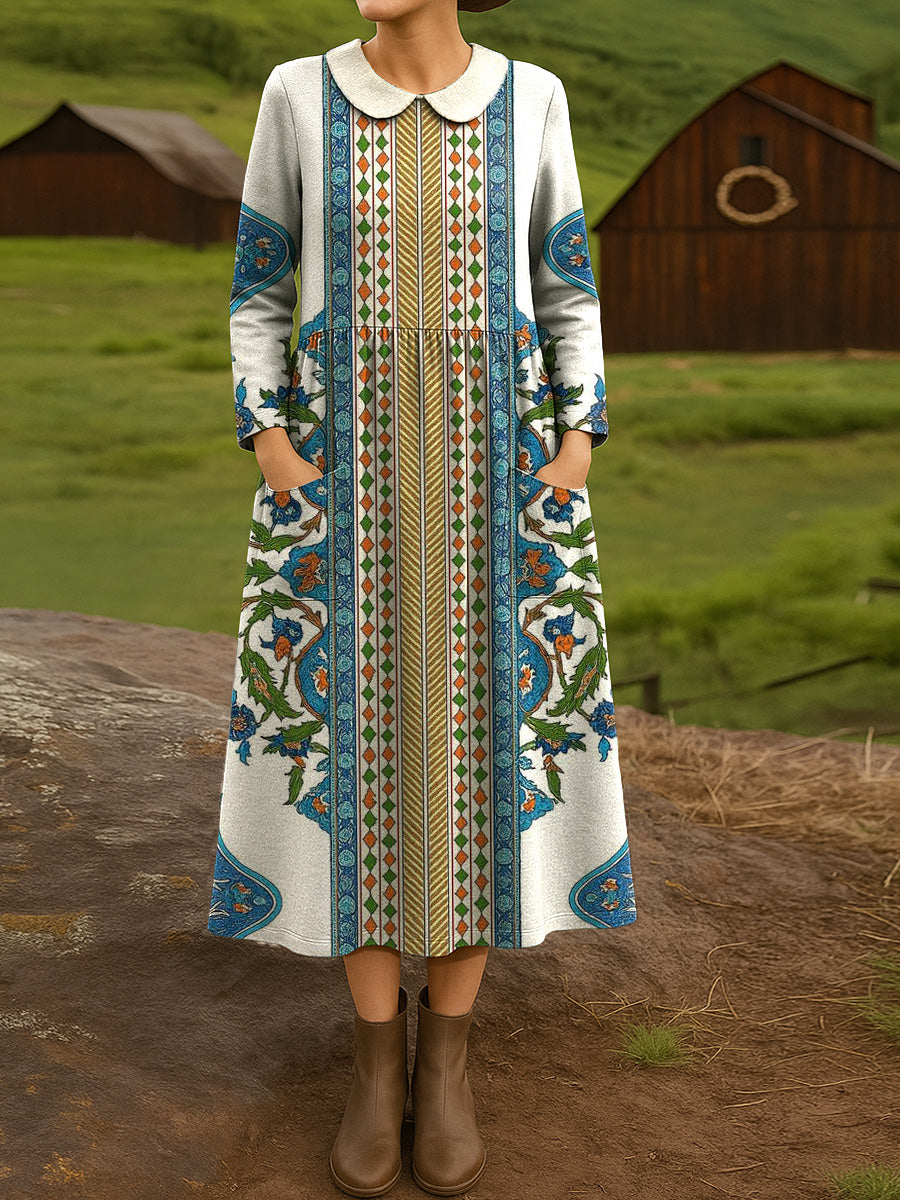 Women's Beautiful Vintage Ethnic Geometric Floral Art Print Cotton Lapel Button-Down Shirt Dress