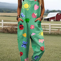 Women's Simple Floral and Insect Art Print Casual 100% Cotton Wide Leg Jumpsuit