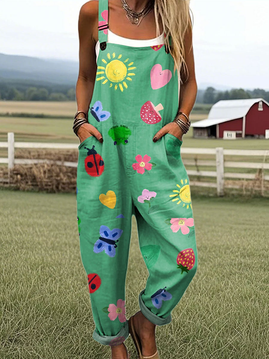 Women's Simple Floral and Insect Art Print Casual 100% Cotton Wide Leg Jumpsuit