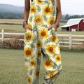 Women's Lovely Sunflowers Art Print Casual 100% Cotton Wide Leg Jumpsuit