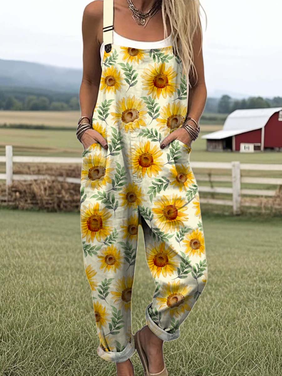 Women's Lovely Sunflowers Art Print Casual 100% Cotton Wide Leg Jumpsuit
