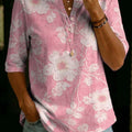 Women's Flower Print Classic 100% Cotton Henley T-shirt