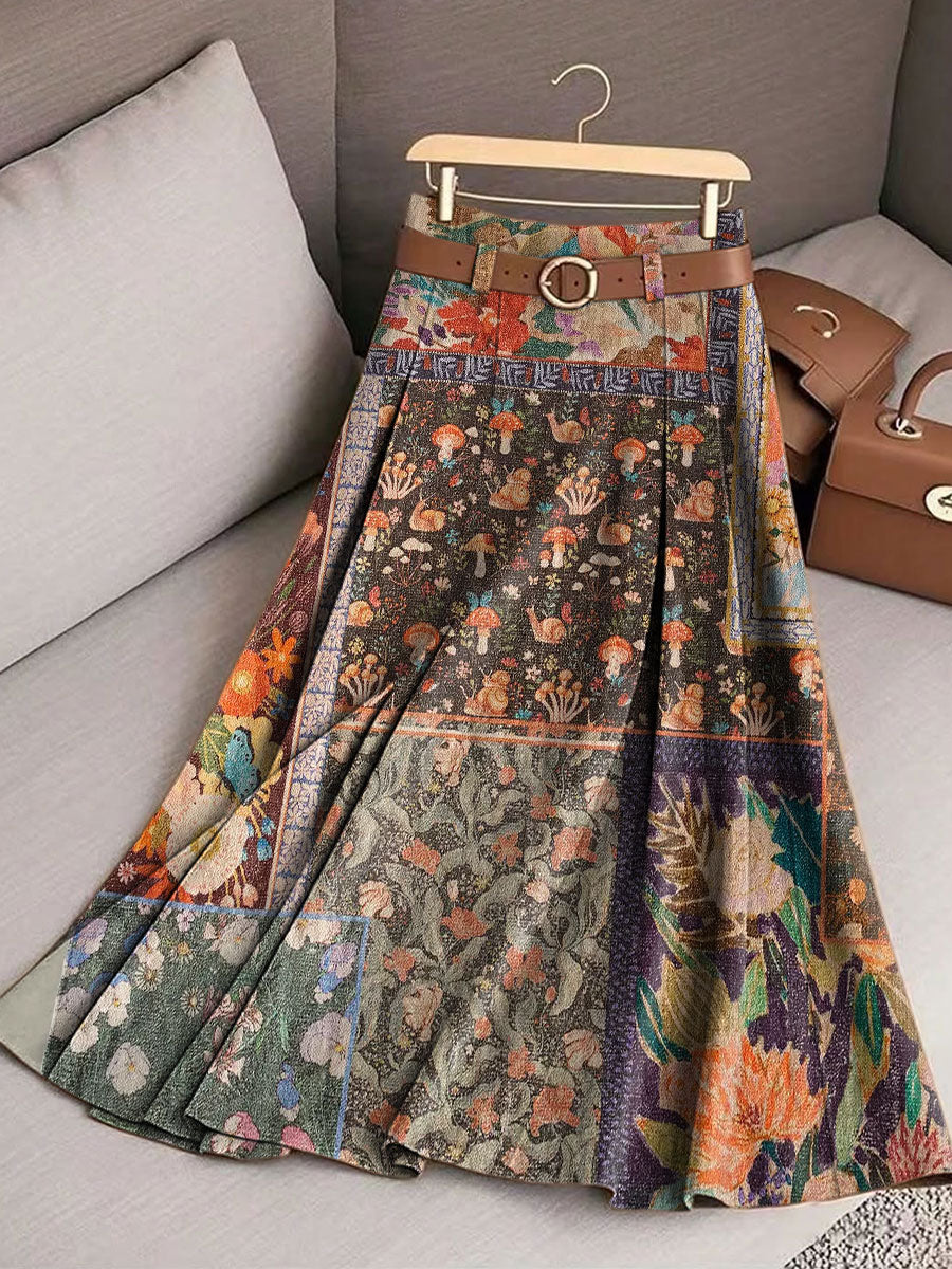 Women's Retro Splicing Flowers Pattern Casual Print Cotton Skirt