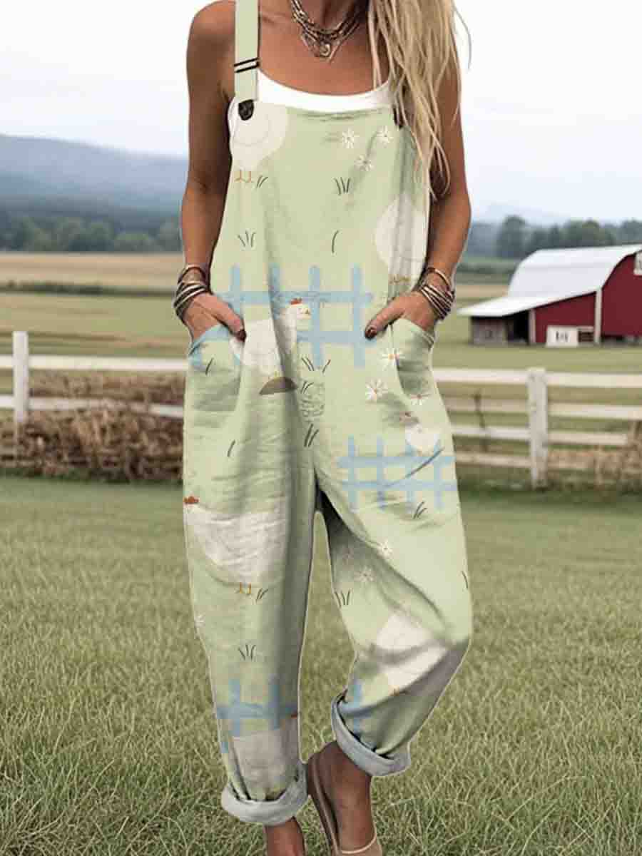 Women's Artistic Tasteful Chick Print Casual 100% Cotton Wide Leg Jumpsuit