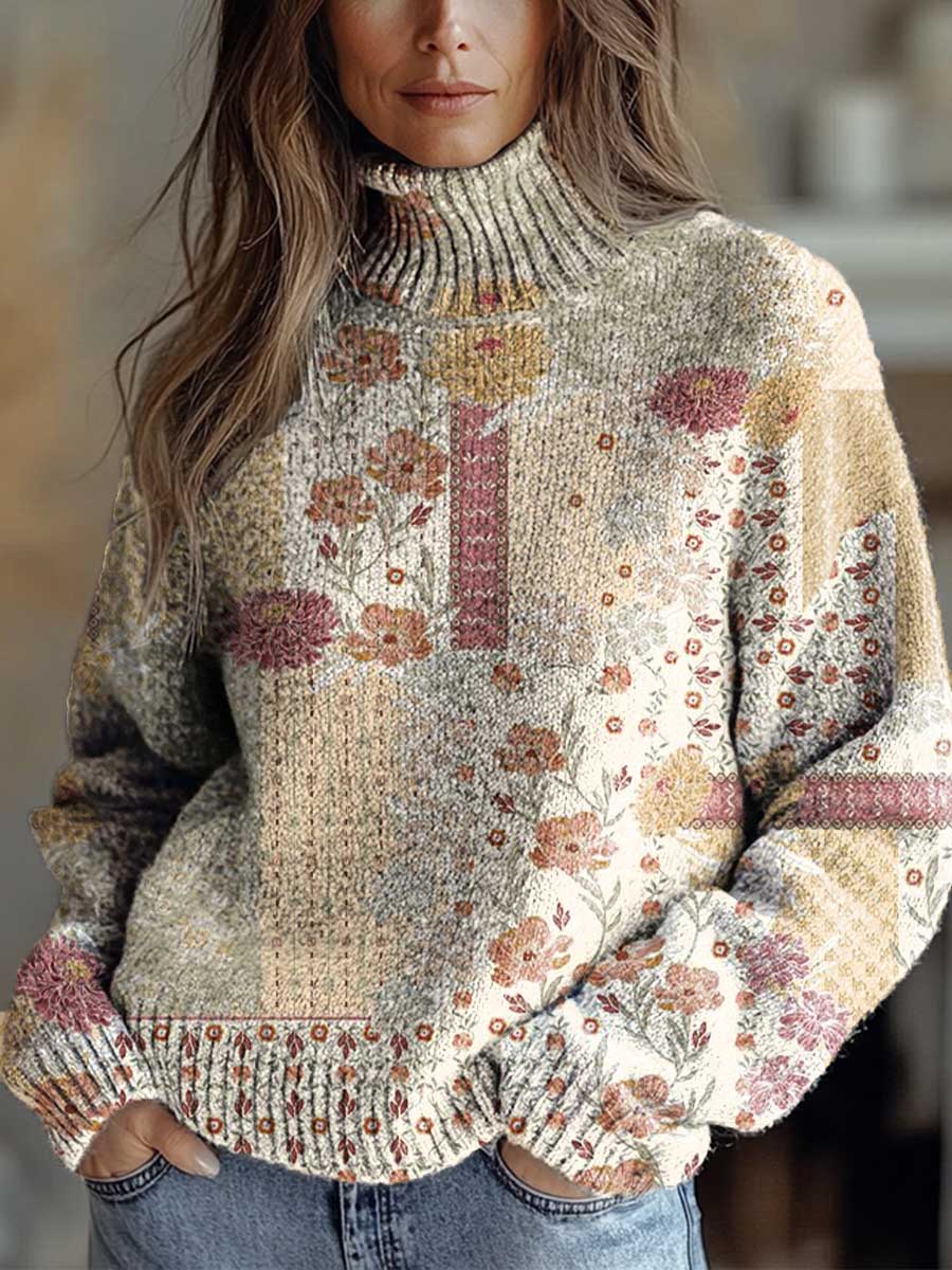womens-vintage-ethnic-art-flower-print-knit-turtleneck-pullover-sweater